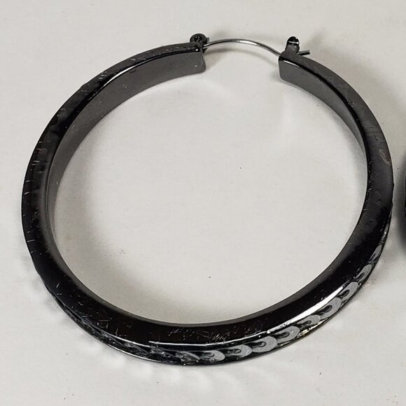 Women's Black Hoop Earrings with Polished Finish and Silver Tone Disc Accents - Picture 3 of 6